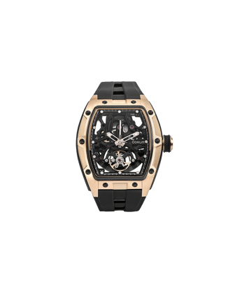 Qorum Equinox Men’s Multi-Function Skeleton Watch – Black Dial, Rose Gold Detailing, Black Silicon Strap