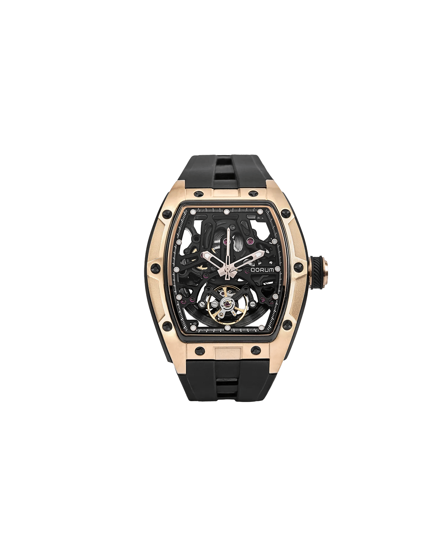 Qorum Equinox Men’s Multi-Function Skeleton Watch – Black Dial, Rose Gold Detailing, Black Silicon Strap
