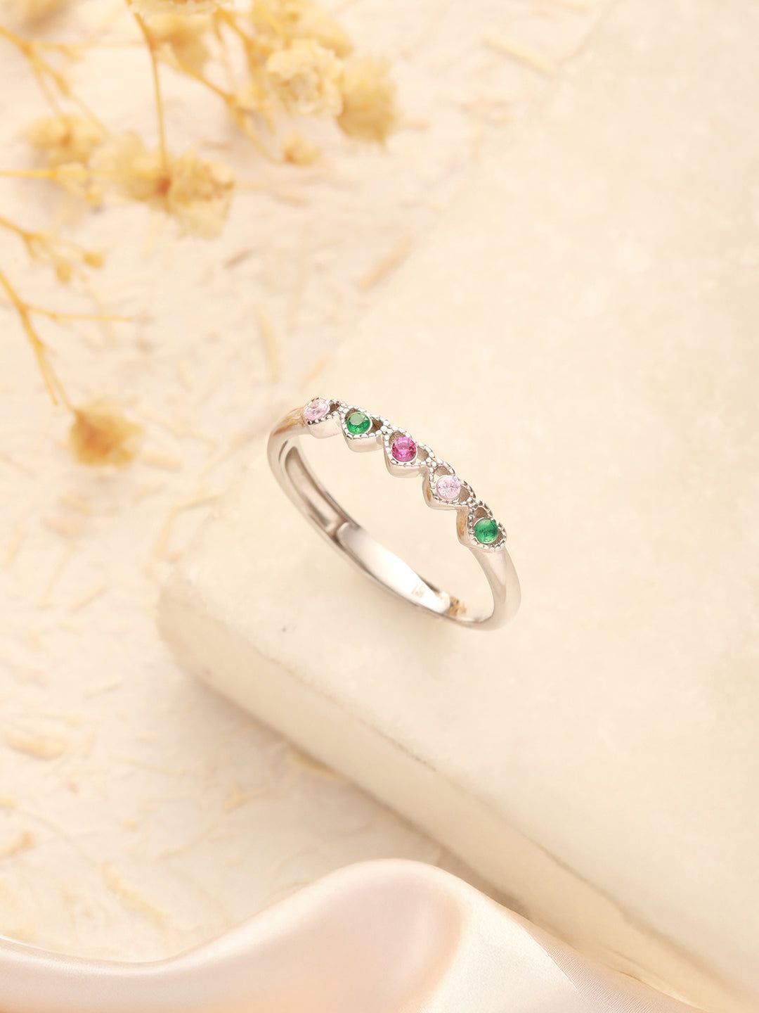 925 Sterling Silver Zircon & Pearl Embellished Minimal Engagement Adjustable Finger Ring