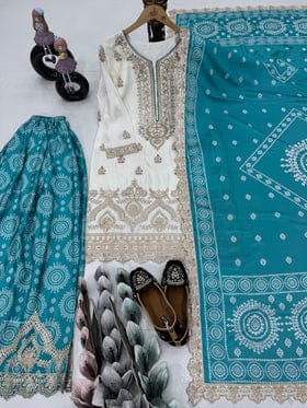 Beautiful Party Wear Top Sharara And Dupatta With Real Mirror Hand Work