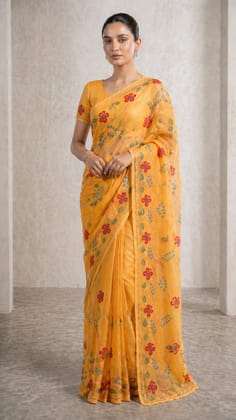 Cotton Saree – Mustard Yellow with Multicolor Floral Print & Thread Work Cotton Saree – Mustard Yellow with Multicolor Floral Print & Thread Work