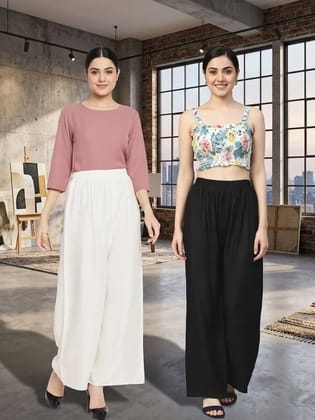 UneR Women's Rayon Palazzo Pants Combo Pack of 2 | High Waisted Wide Leg Flared Parallel Plazo Set for Girls