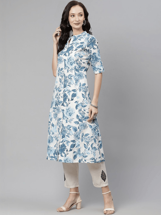 Generic Women's Cotton Printed Floral Print Kurti (White, Blue, Cotton)