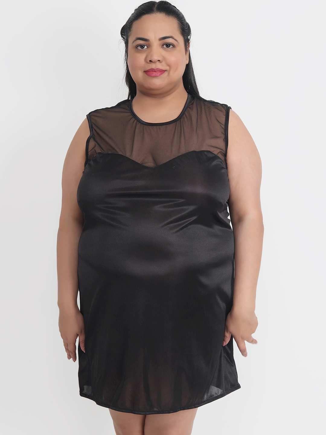 Plus Size Sexy Net & Satin Black Babydoll Bikini Dress for Honeymoon BB31K