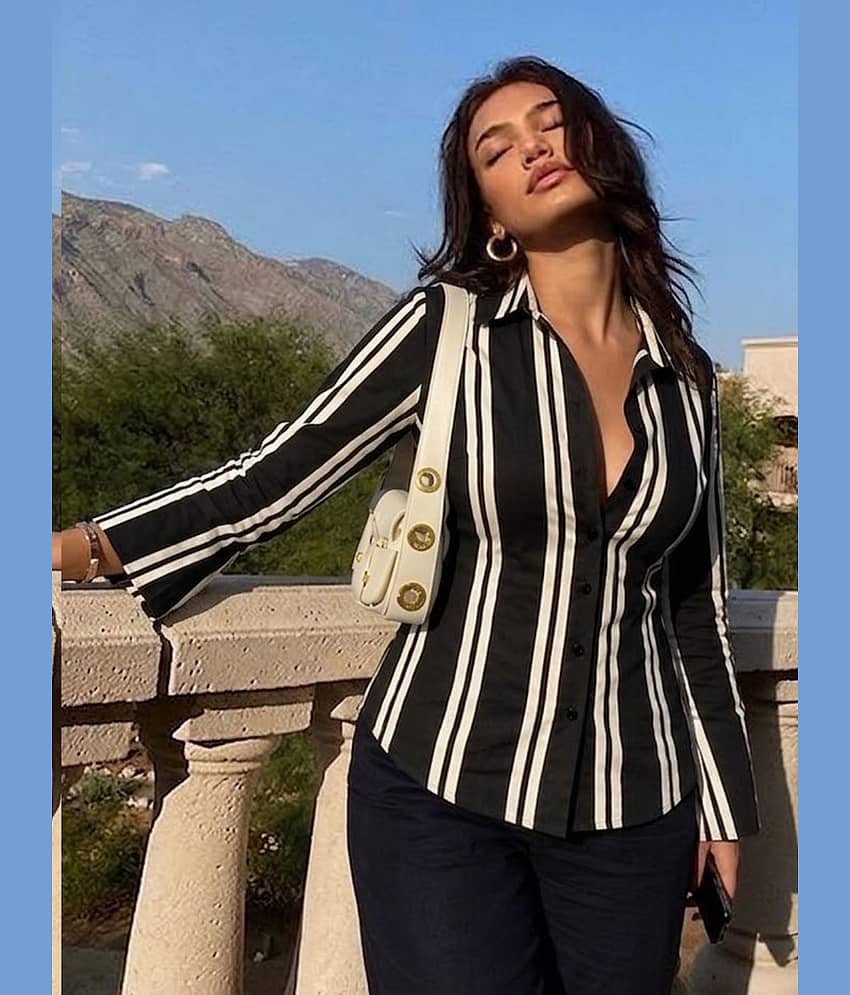 Rigo Women Striped Rayon Shirt ( Black )
