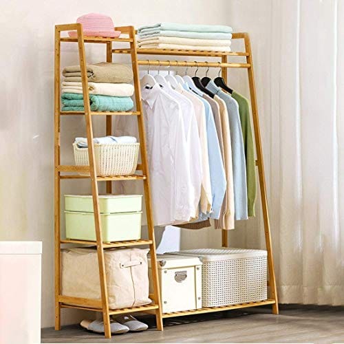 House of Quirk Bamboo Wood Garment Clothing Rack with 5 Tiers Storage Shelf Corner Hanging Rack DIY RACK
