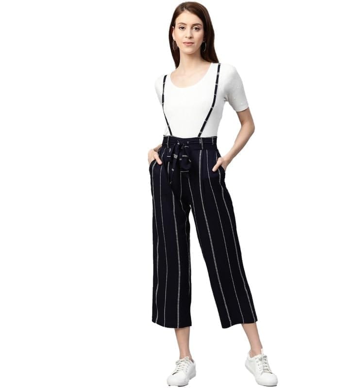Women's Casual Short Sleeve Striped Rayon Dungaree (Blue, M)-PID48561