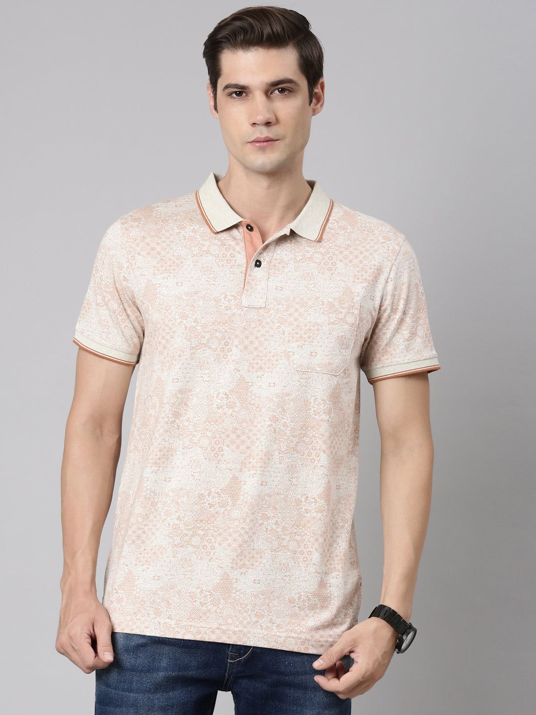 Classic Polo Men's Polo Neck Cotton Grey/Brown Slim Fit Printed T-Shirt | BELLO-288 B SF P