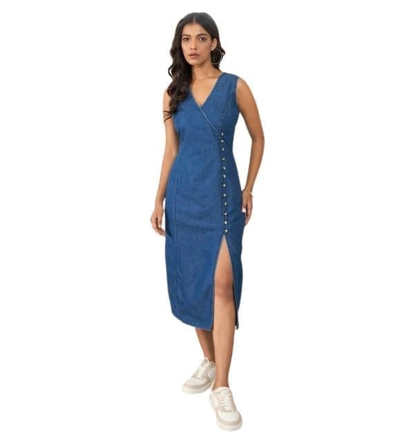 Women's Denim Solid Sleeveless Dress (Blue, M)-PID65381