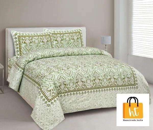 3001-Hometrade India-Standard King Size (90*108 Inches)-Pure Cotton Jaipuri Double Bedsheet With Matching Pillow Cover