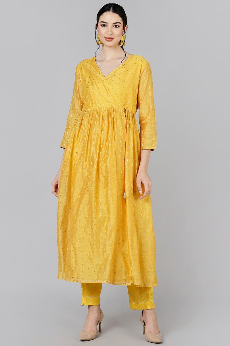 Mustard Yellow Poly Chanderi Angharkha Kurta Set PKSET1139