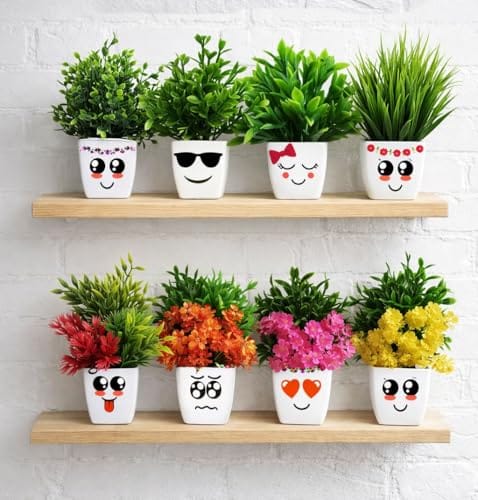 Set of 8 with Cute Face Plastic Pots, Faux Greenery Desk Decor for Small Desk Decor for Home, Office, Study Table