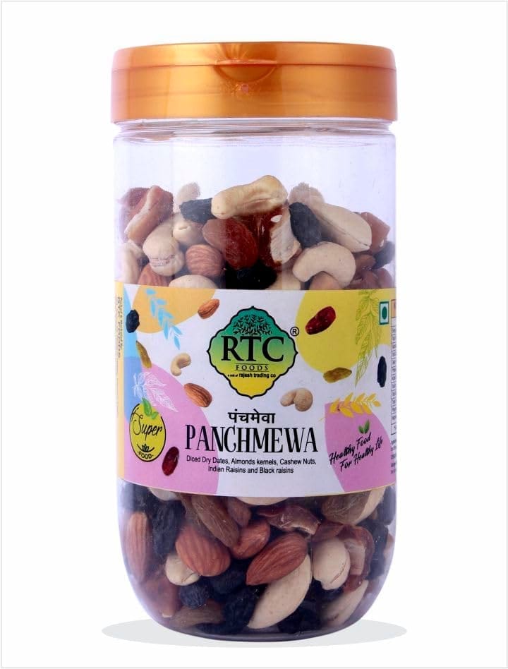 RTC Panchmewa Jar 400 Gms I Healthy Snacking I Dryfruit Mix I Dried Sliced Dates I Almonds I Whole Cashew I Black Raisins seedless I Golden Raisins I Good for Fasting I Healthy Mix