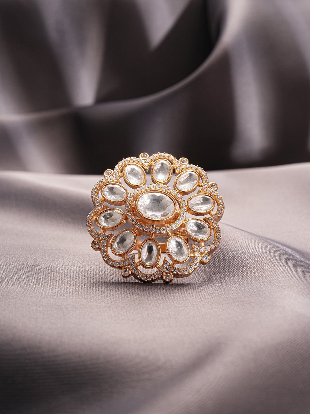 Gold Plated Kundan Mossanite Studded Floral Bridal Handcrafted Adjustable Finger Rings