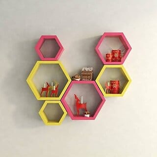 Onlinecrafts Wooden Wall Shelf Wooden Wall Shelf (Number Of Shelves - 6, Yellow, Pink)