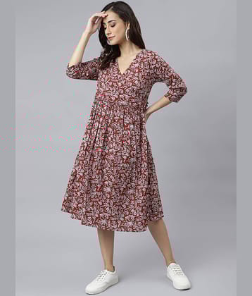 Janasya Women Cotton Printed A-line Dress ( Maroon )