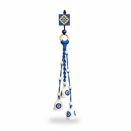 Handcrafted Macrame Knotted Ceramic 3 Evil Eye Bells Chime with Handmade Ceramic Hook. 45 cm– Nazar Battu Wall Decor. Handcrafted by Local Women artisans.