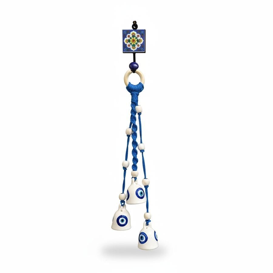 Handcrafted Macrame Knotted Ceramic 3 Evil Eye Bells Chime with Handmade Ceramic Hook. 45 cm– Nazar Battu Wall Decor. Handcrafted by Local Women artisans.