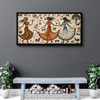 Luminary Rustic Rhythm – Folk Trio Dance Muse Museum-Quality Cotton Canvas Art for Hallway Décor | Frame Size (127 X 69 Cm) | Frame Type (Black) | 5-Year Warranty