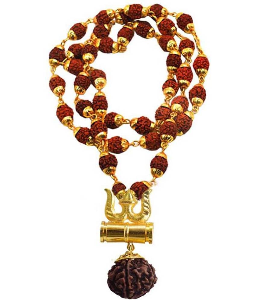 Loard Shiv Trishul Damru Locket With Puchmukhi Rudraksha Mala Gold-plated Brass, Wood