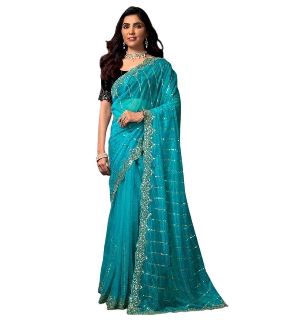 Women's Net Sequence Saree With Unstitched Blouse 5.5Mtr (Turquoise)-PID65960