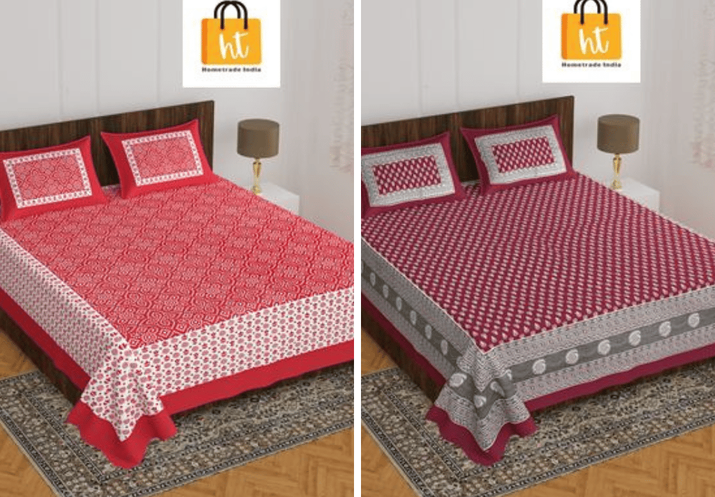 2201-Hometrade India- Standard Double Size (90*100 in )-Combo Jaipuri Double bedsheet With Matching Pillow Cover