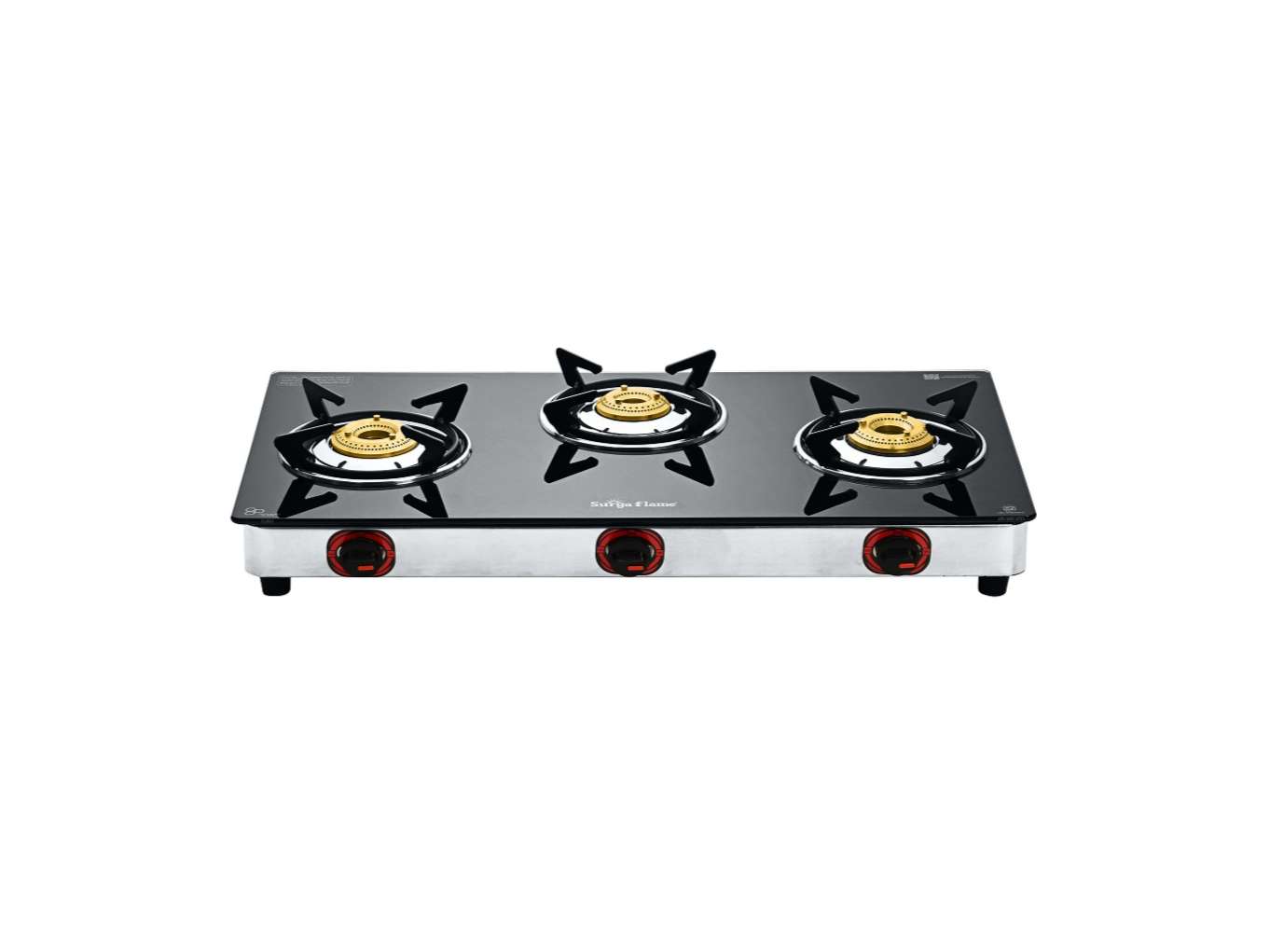 Surya Flame Lotus 3 Burner Smart Plus LPG Gas Stove Chulha Smart Toughened Glass Top manual ignition Cooktop BIS Certified Doorstep Services 2 Years - Black