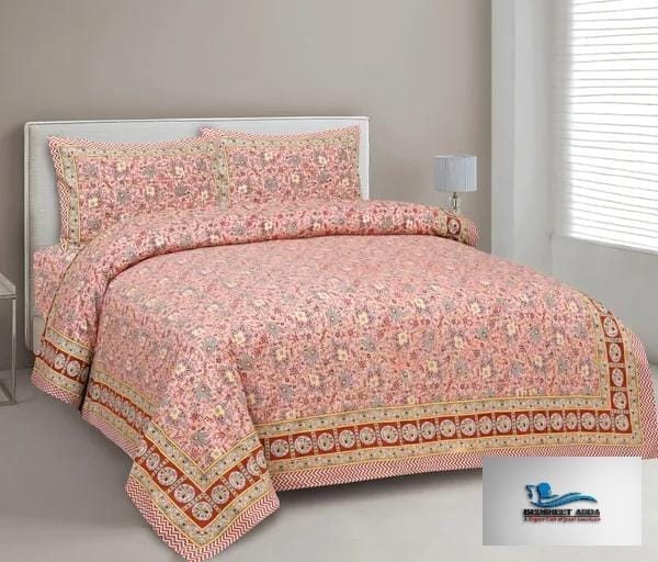 3001-Hometrade India-Standard King Size (90*108 Inches)-Pure Cotton Jaipuri Double Bedsheet With Matching Pillow Cover