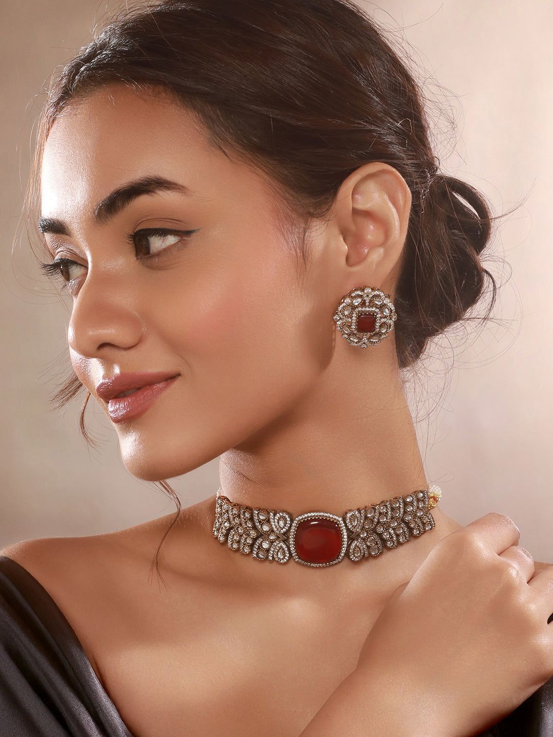 Gold  Toned Ruby Red Mossanite Kundan  Statement  Choker Jewellery Set