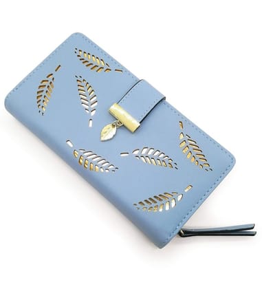 Women's Faux Leather Medium Snap Button Wallet (Blue)