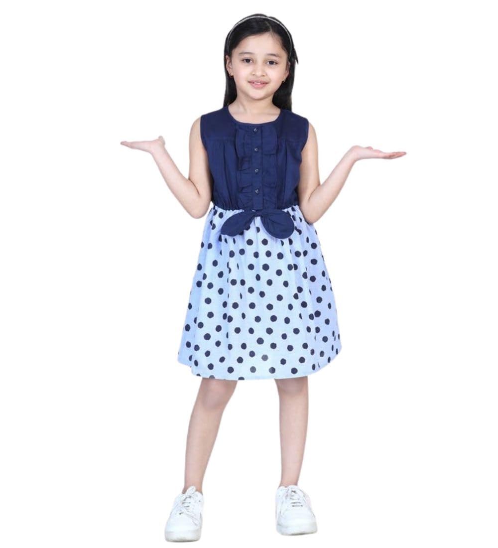 Girl's Denim Polka Sleeveless Dress (Blue, 5-6-Yrs)-PID66030
