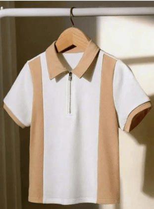 Mens Half Sleeve Polo T-Shirt with Zip | Beige & White Color Block