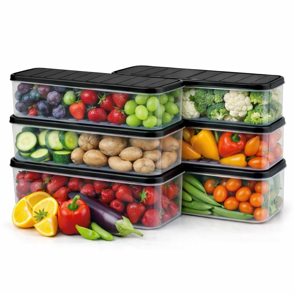 Fridge Storage Containers Pack of 6 with Lid and Drainer Basket, Transparent Plastic Refrigerator Organizer Boxes for Vegetables, Fruits and Kitchen Storage, Stackable Food Storage Containers