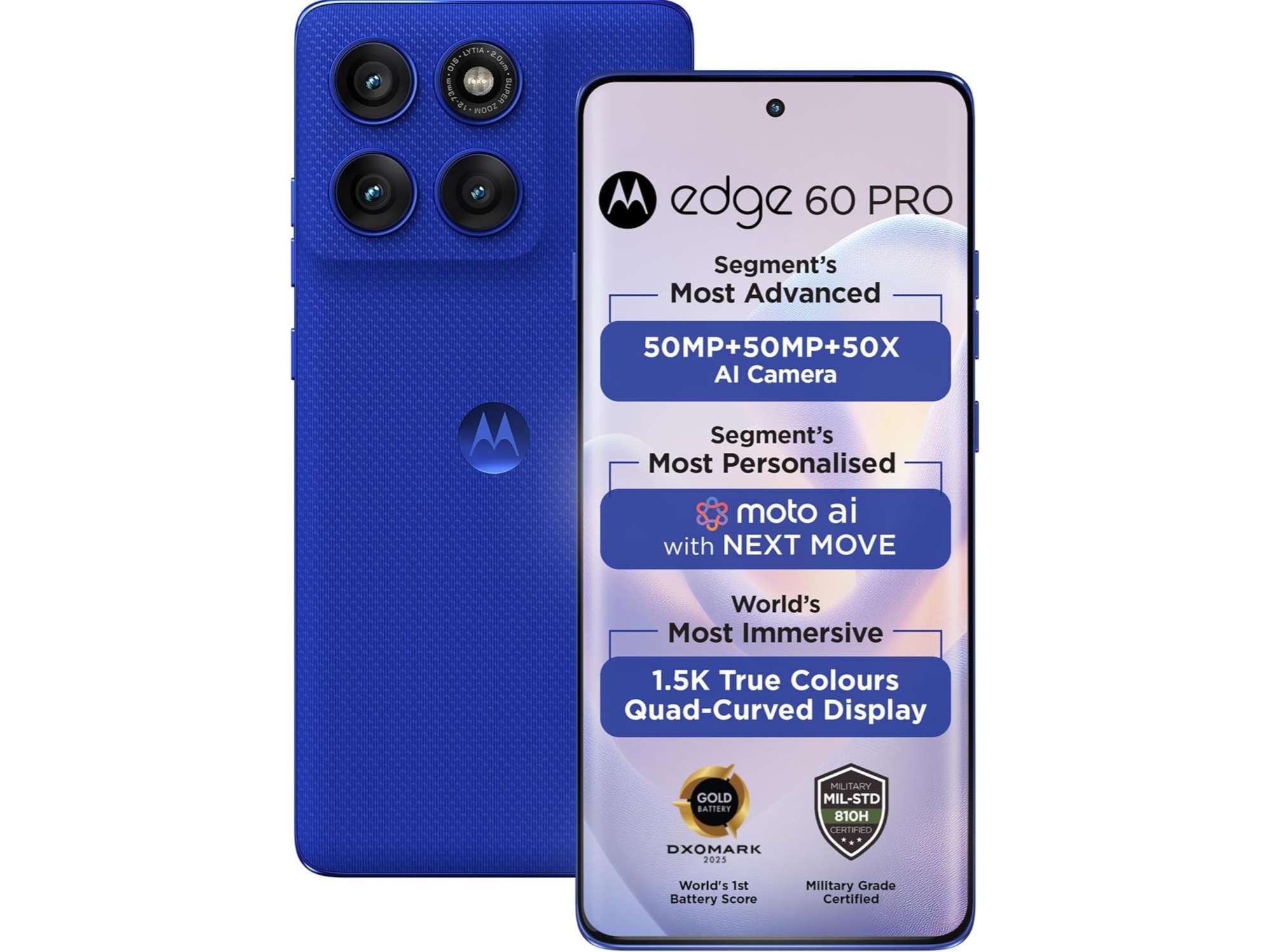 Motorola Edge 60 Pro 5G Smartphone (8GB RAM, 256GB Storage) with 17.02 cm (6.7 inch) Display, 50MP + 50MP + 10MP, 50MP Front Camera - Pantone Dazzling Blue