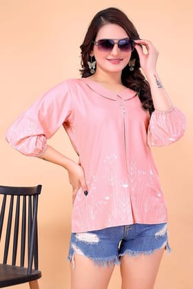 Women Pink Printed Regular Fit Crepe Top with Puff Sleeves & Peplum Hem