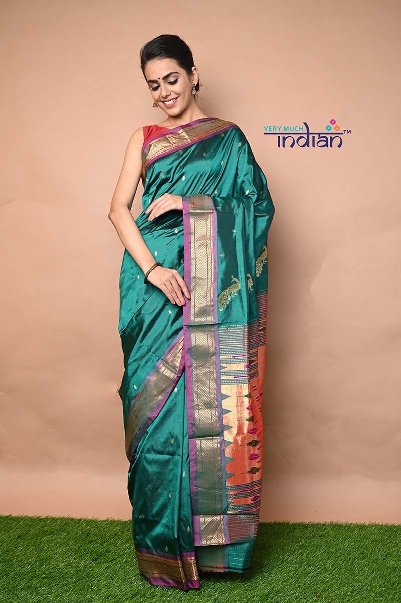 Pure Silk Yeola Handloom Paithani with Double Pallu - Deep Teal Green with Purple and Golden Zari Border