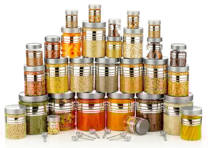 Plastic Pet Storage Jars and Containers, Set of 24 (6 pcs x 250ml, 6 pcs x350ml, 6pcs x 650ml, 6 pcs x 1200ml) with Spoon Air Tight | Kitchen Organiser Improved Model Silver Line Printed