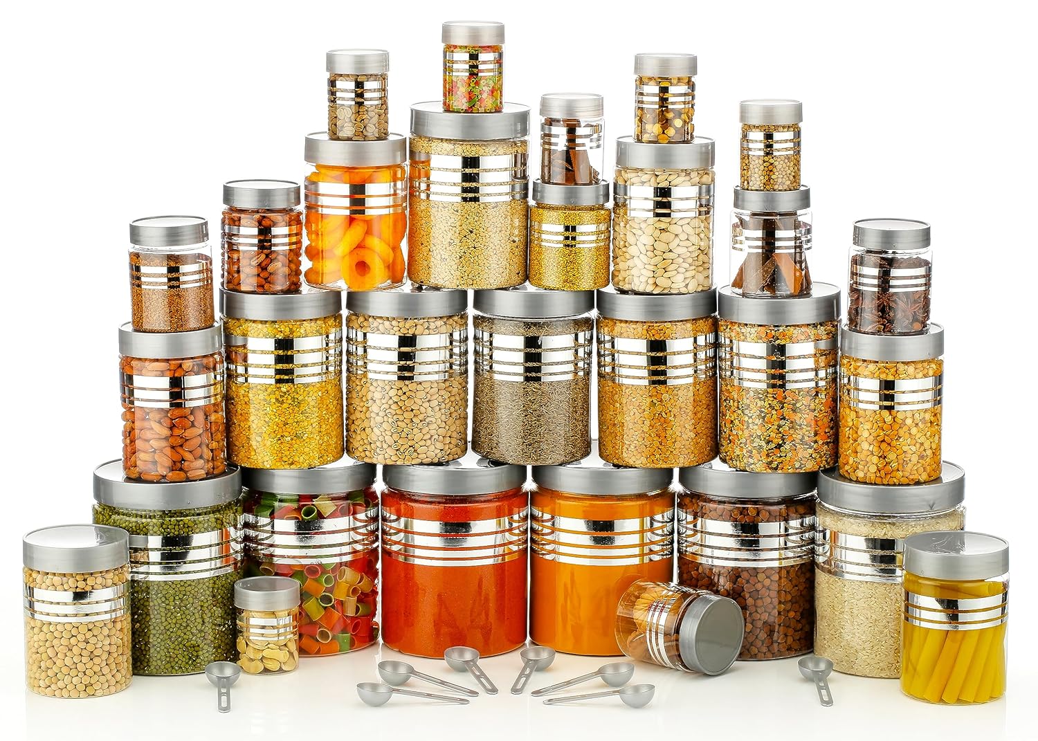 Plastic Pet Storage Jars and Containers, Set of 24 (6 pcs x 250ml, 6 pcs x350ml, 6pcs x 650ml, 6 pcs x 1200ml) with Spoon Air Tight | Kitchen Organiser Improved Model Silver Line Printed