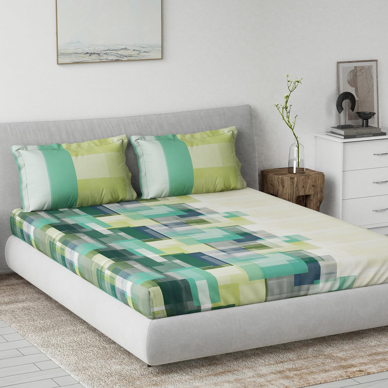 DDECOR - Primary Collection 100% Cotton Contemporary Pattern 145TC King Bedsheet |229 CM X 274 CM| with 2 Pillow Covers - Green