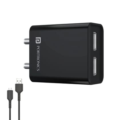 Portronics Adapto 66 12W Dual USB Wall Charger with 1M Micro USB Cable | 2.4A Fast Charging Adapter | Dual USB Port Mobile Charger for Android Smartphones, Tablets, Power Banks & USB Devices | BIS Certified (White or Black Color) Portronics Adapto 66 12W Dual USB Wall Charger with 1M Micro USB Cable | 2.4A Fast Charging Adapter | Dual USB Port Mobile Charger for Android Smartphones, Tablets, Power Banks & USB Devices | BIS Certified (White or Black Color)