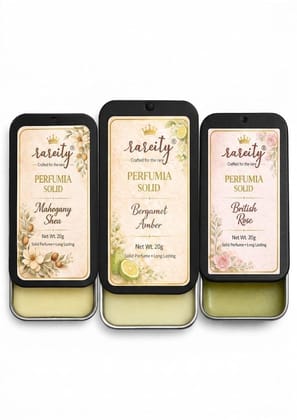 Rareity Perfume Solid Perfume Combo Pack of 3 | Mahogany Shea, Bergamot Amber & British Rose | Pocket Fragrance Balm | Travel Friendly Metal Tin | 20g Each | Unisex Aroma