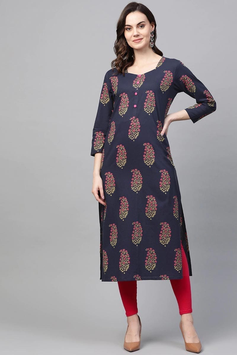 Women Fancy Occasion Wear Navy Blue Cotton Kurti VCK1395