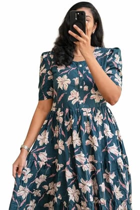 Rayon A-Line Midi Dress, Floral Print, Short Sleeves