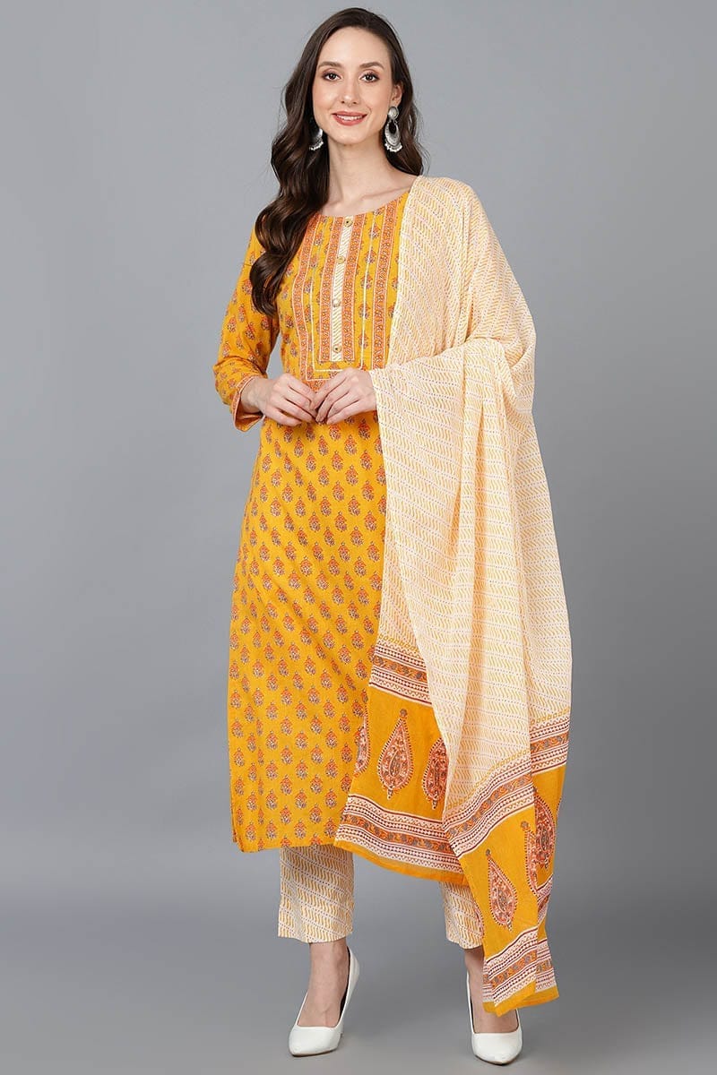 Mustard Cotton Kurta Pant With Dupatta VKSKD1611