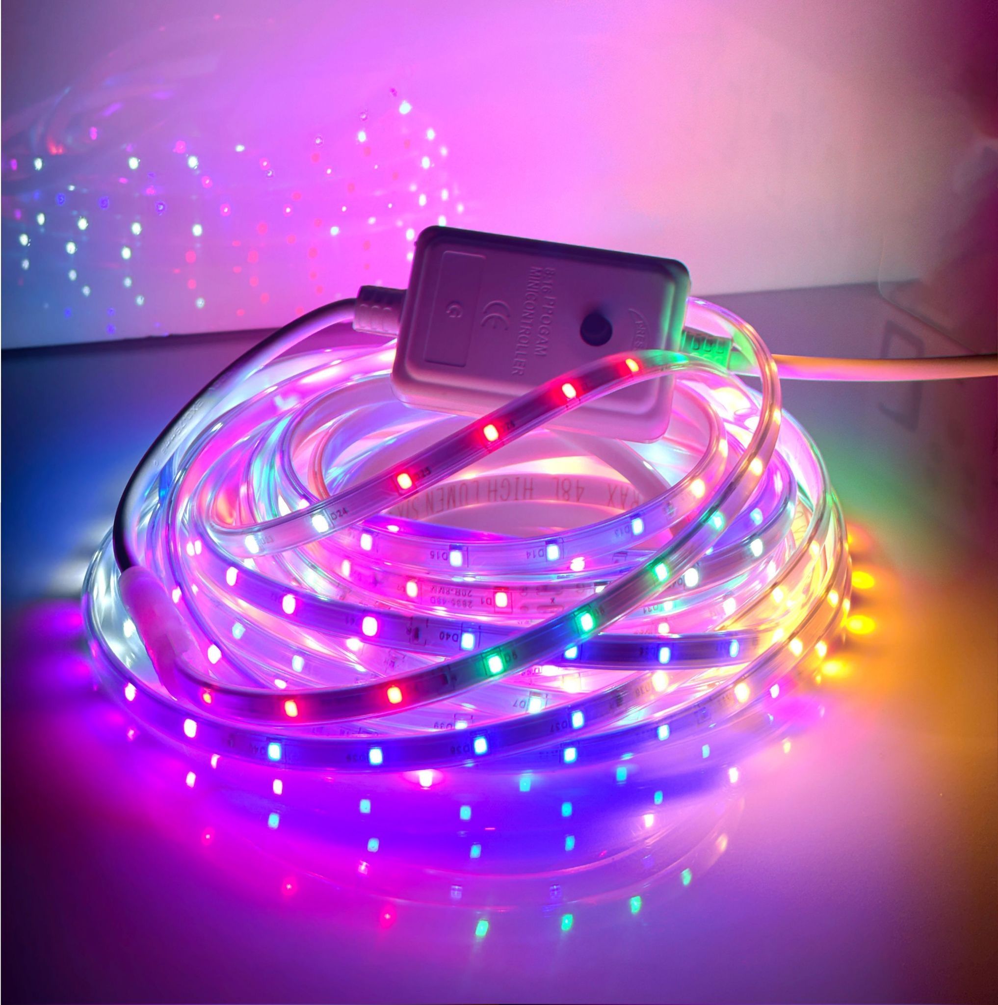 SPARKWORLD Multi-Color LED Neon Rope Light IP65 Waterproof Flexible Tube with 20-Mode Inline Controller & Mounting Clips | Size: 45 M