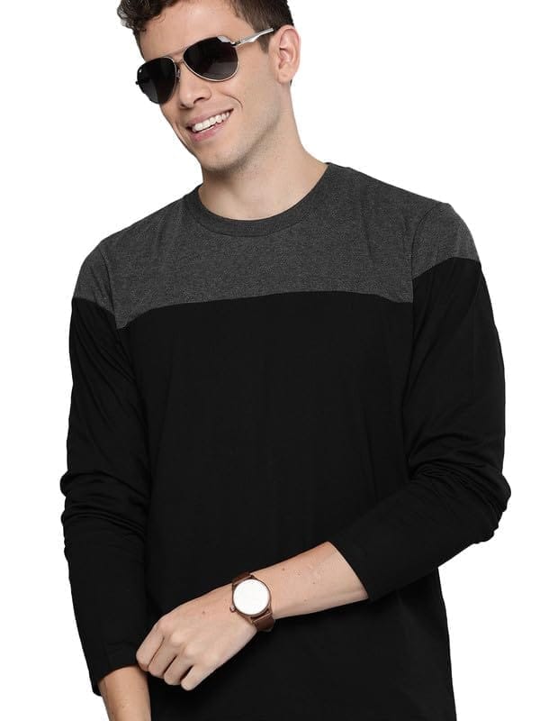 Men's Casual Colorblock Polyester Round Neck T-Shirt (Black, XL)-PID47763
