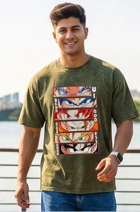 Hue Nox Men's Olive Big Anime Eyes Graphic Oversized T-Shirt