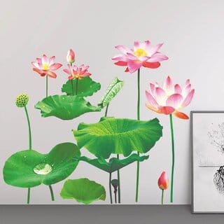 Lotus Leaf Flowers Fish Pond 3D Wall Stickers Pvc Floor Stickers Decorative Living Room Porch Bathroom Window Glass Door Couple Bedroom Kids Room Decor Art Mural Diy-Self-Adhesive