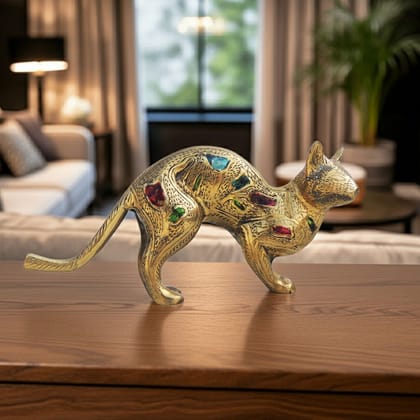 Brass Cat Polish Meena Decorative Showpiece Statue for Home & Office Decor, Height : 3.5 Inch (ANMAS072)