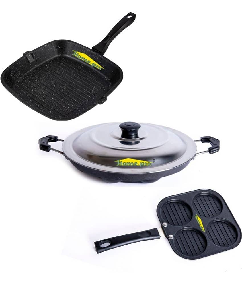 HomePro Non-Stick Set, Grill Pan 26 cm, Mini Uttapam 20 cm, Black Appam with Steel Lid 12 Cavity (Pack of 3)